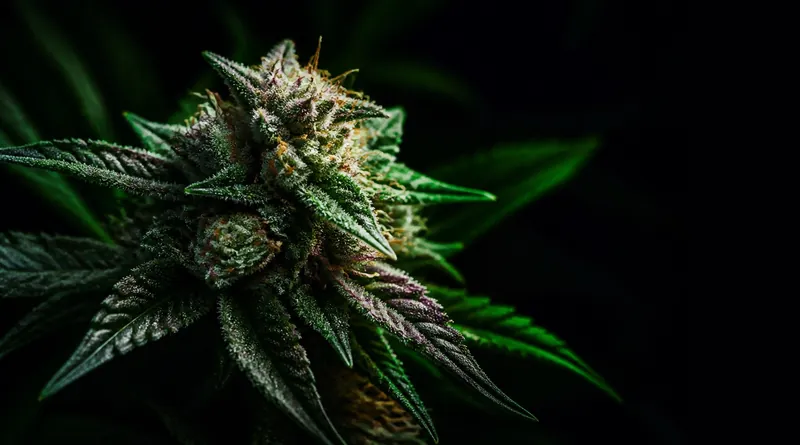 Macro view of a mature cannabis flower against a dark background